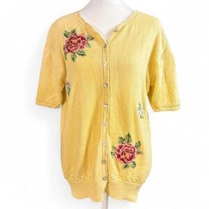 Erika & Co. Yellow Floral Embroidered Women's Button Down Sweater Cottagecore